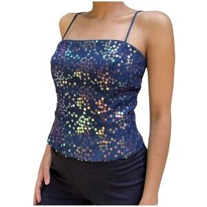 Vtg Y2K Sequin Corset Top Blue DJ Knights Women’s S/M USA 90s Club Fairy Whimsy